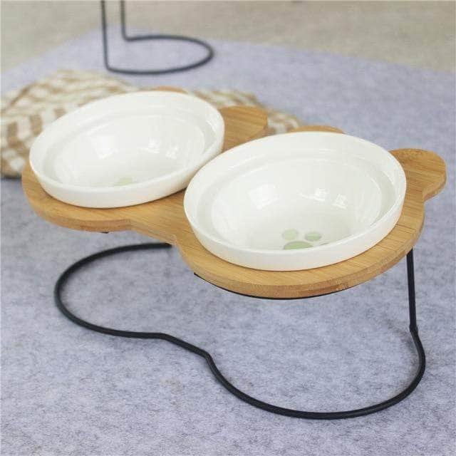 Ceramic double bowl bamboo stand for dog cat - Image 3