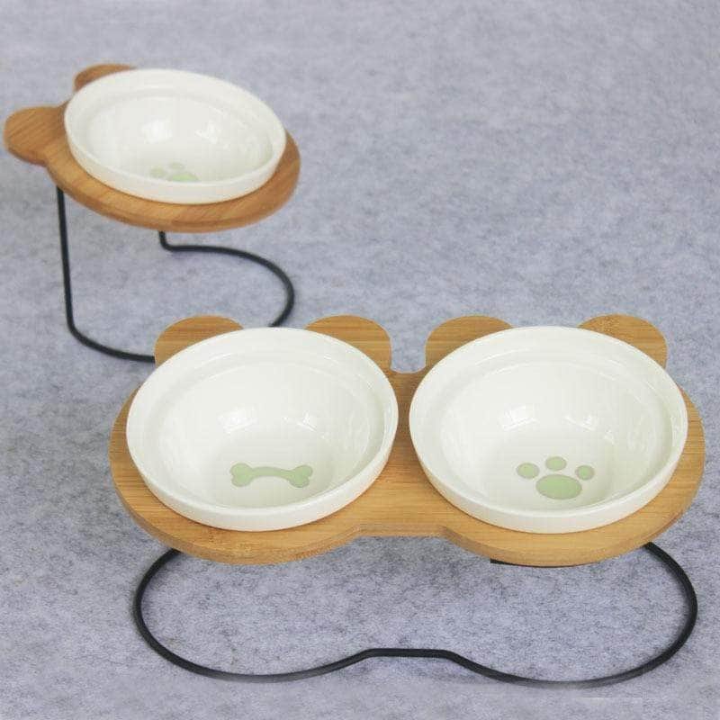 Ceramic double bowl bamboo stand for dog cat