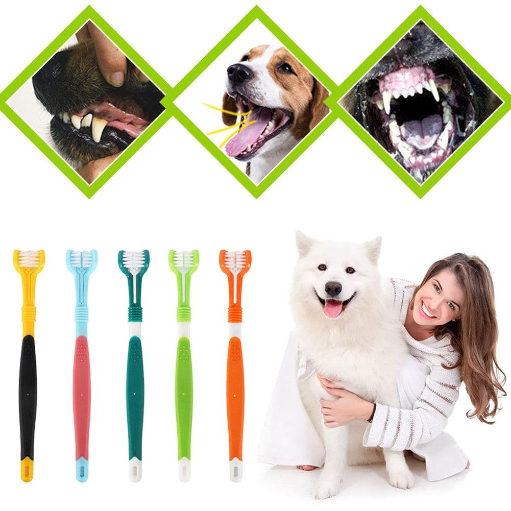 Three-sided toothbrush for dogs and cats. triple-action pet teeth care tool