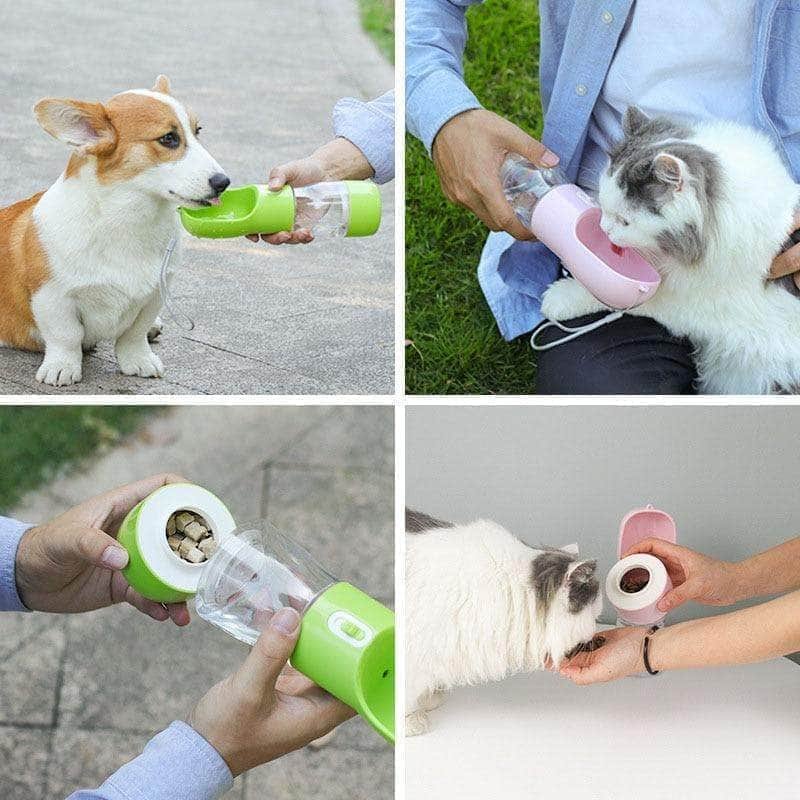 Portable water and food dispenser water bottle for dog and cat